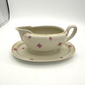 Johann Haviland Bavaria Gravy Boat Underplate Pink Floral Gold Trim Germany VTG